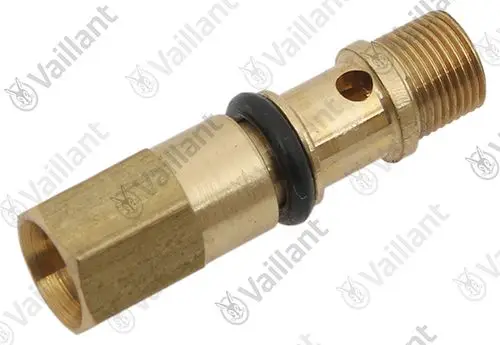 Messingventil mit Gewinde, O-Ring und seitlichem Loch, hergestellt von Vaillant. Das Produkt dient zur Verbindung und Regulierung in Heizungsanlagen.